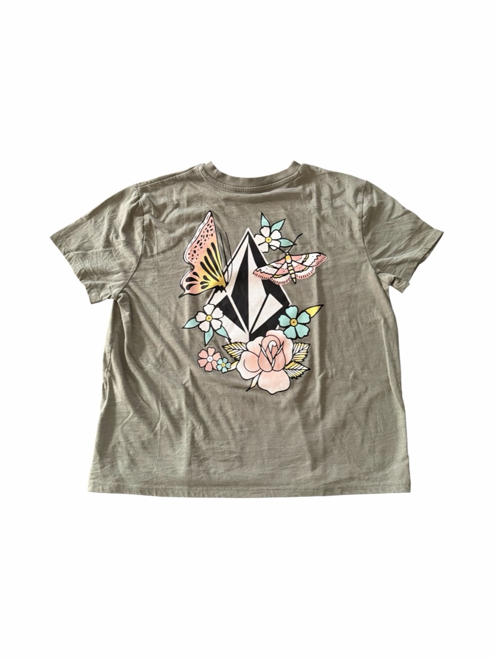 VOLCOM-girls green t shirt with volcom stone & butterflies-size small 7/8